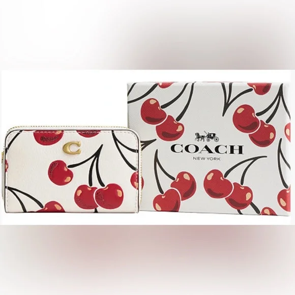 COACH Cherry Print Chalk Leather Zip Around Card Case w/Box - Picture 4 of 6